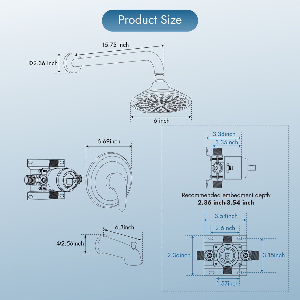 Shower Faucet Set with Tub Spout Pressure Balancing Rough-in Valve Wall Mount Shower System 5 Modes 6 Inch Shower Head with Tub Filler 1 Lever Dual Function Shower Trim Kit