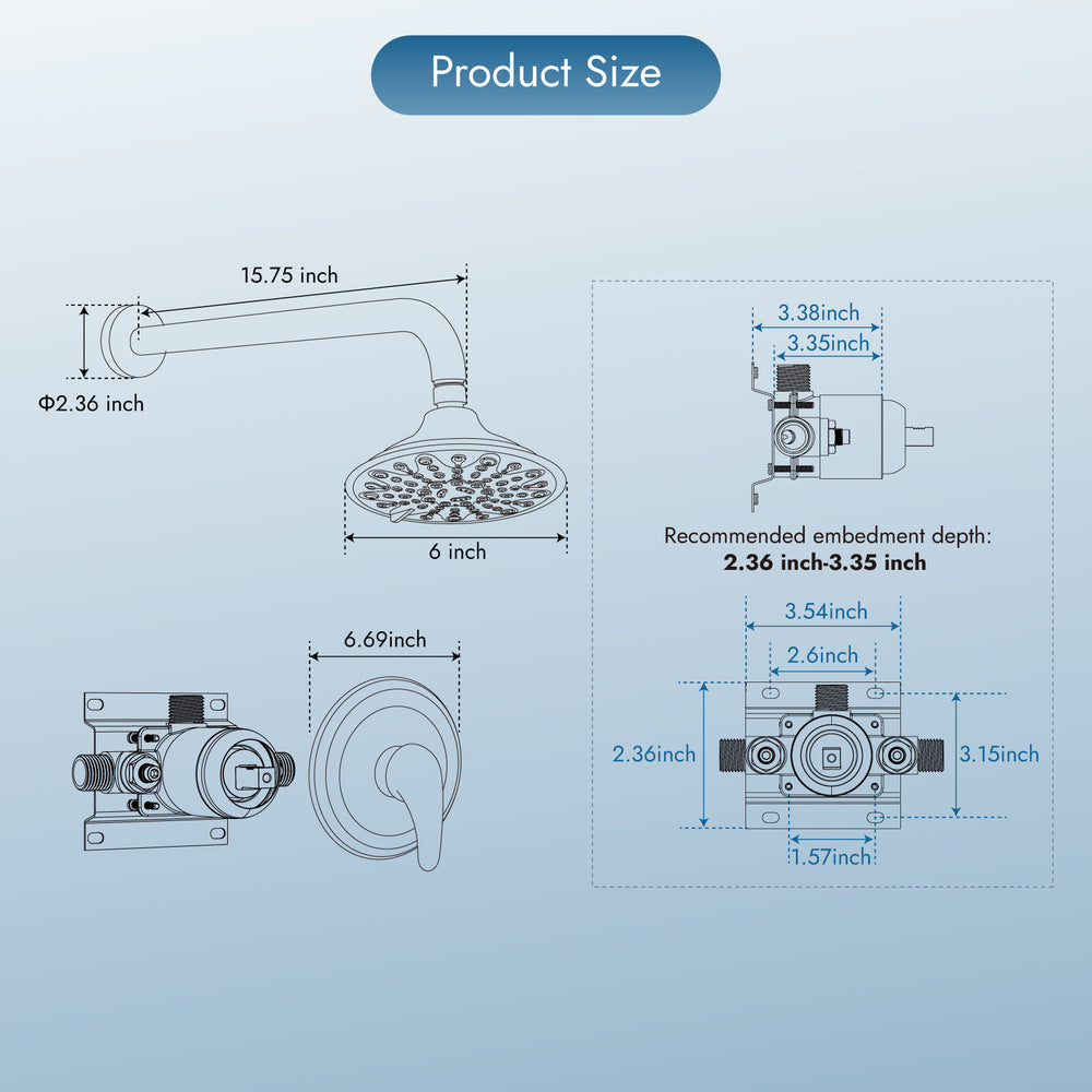 
                  
                    Shower Faucet with Pressure Balancing Rough-in Valve Shower System Wall Mount 6” 5-spray Shower Head One Lever Single Function Bathroom Shower Trim Kit
                  
                