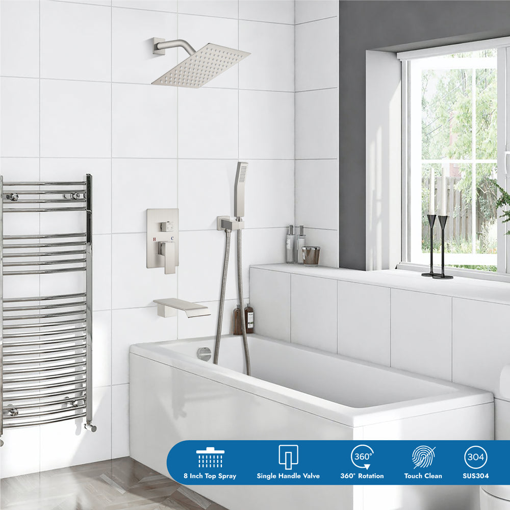 Cinwiny Shower System with Tub Spout Wall Mount Tub Shower Faucet Set Complete 8 Inch Shower Head with Handheld Spray 3 Function Rough-In Valve Included