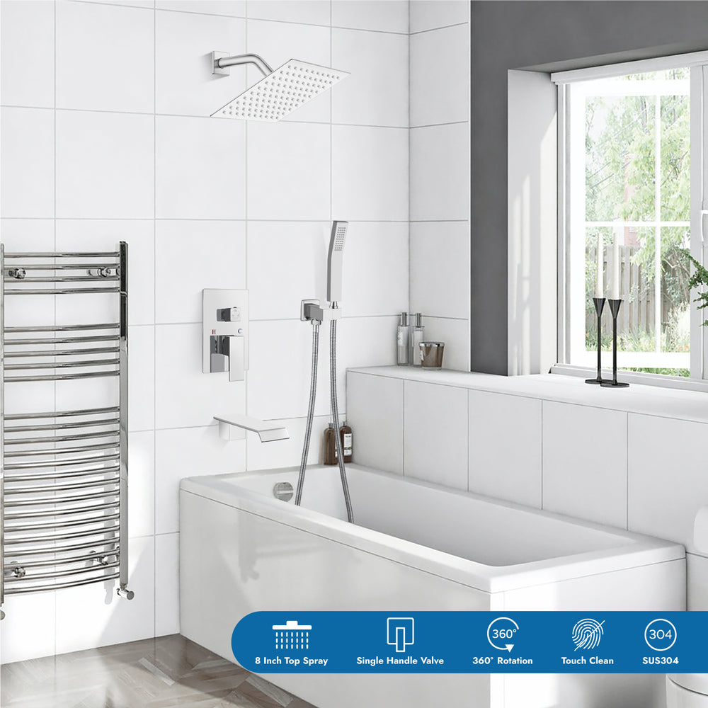 Cinwiny Shower System with Tub Spout Wall Mount Tub Shower Faucet Set Complete 8 Inch Shower Head with Handheld Spray 3 Function Rough-In Valve Included