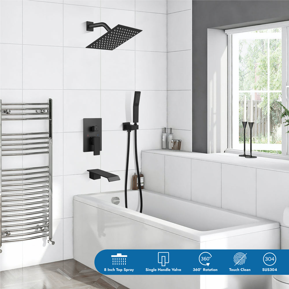 Cinwiny Shower System with Tub Spout Wall Mount Tub Shower Faucet Set Complete 8 Inch Shower Head with Handheld Spray 3 Function Rough-In Valve Included