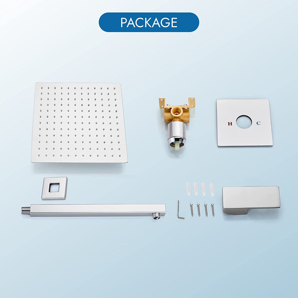 Cinwiny 10 Inch Wall Mounted Rain Shower System Square Shower head Bathroom Shower Head Kit One Function with Rough-in Valve Single Handle Rainfall Shower Trim Kit