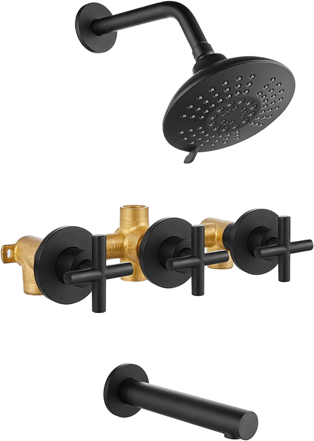 Cinwiny Bathroom Tub and Shower Faucet Set, Wall Mount Bathtub Shower Kit with Tub Spout 6” 5 Settings Round Shower Head Shower Trim Kit with Brass Mixer Valve