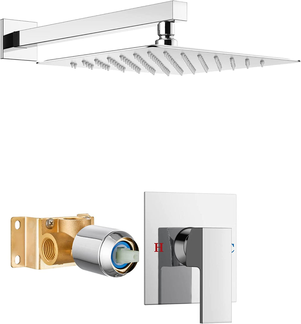 Cinwiny 10 Inch Wall Mounted Rain Shower System Square Shower head Bathroom Shower Head Kit One Function with Rough-in Valve Single Handle Rainfall Shower Trim Kit