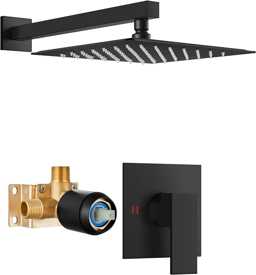 Cinwiny 10 Inch Wall Mount Shower Faucet Set with Brass Male Threads Rough-in Valve,Square Rainfall Showerhead Shower System One Handle High Pressure Single Function Shower Trim Kit