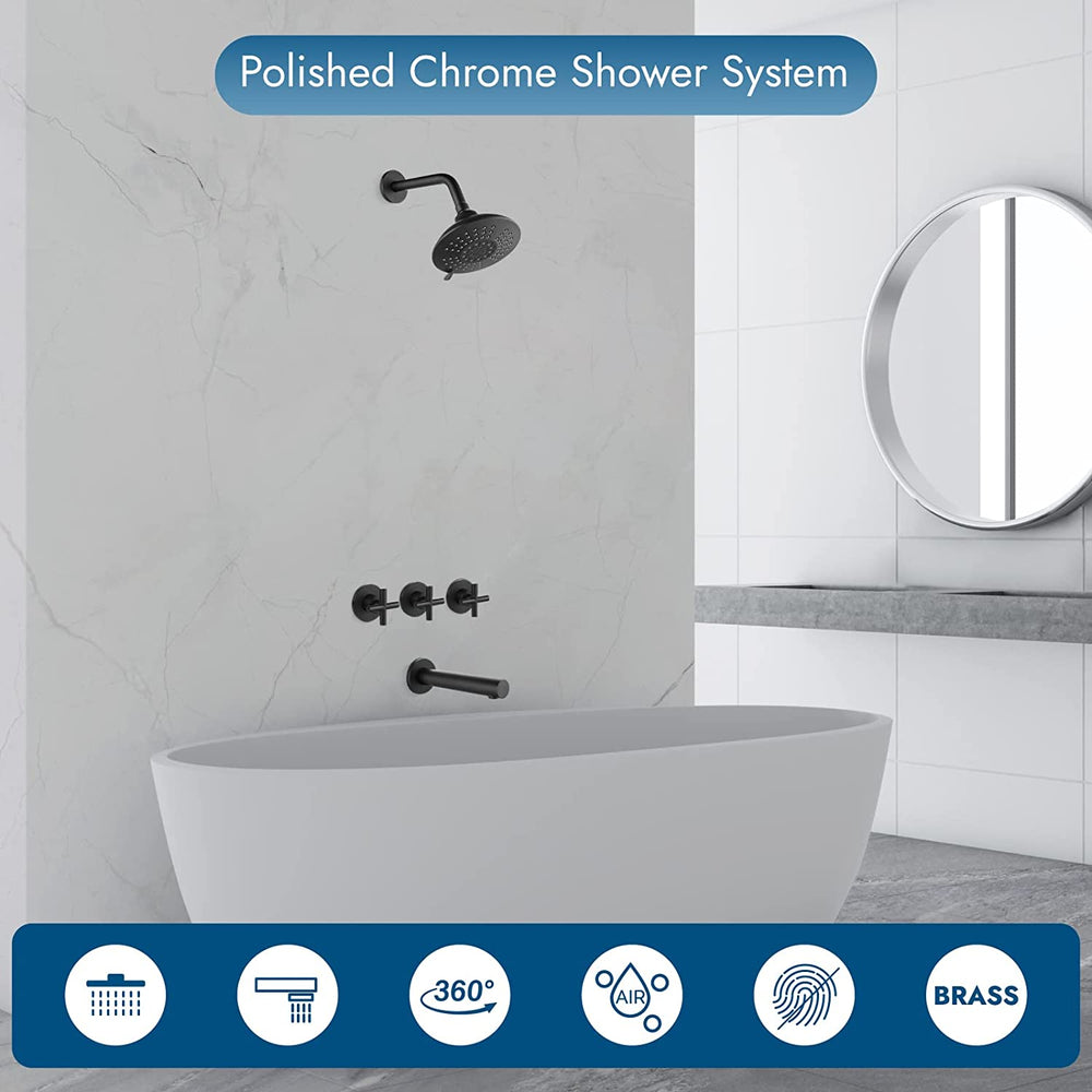 Cinwiny Bathroom Tub and Shower Faucet Set, Wall Mount Bathtub Shower Kit with Tub Spout 6” 5 Settings Round Shower Head Shower Trim Kit with Brass Mixer Valve