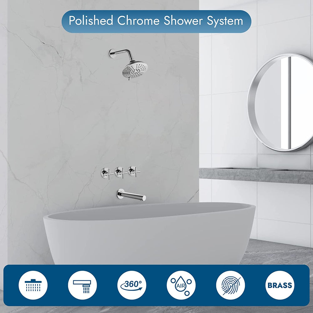 Cinwiny Bathroom Tub and Shower Faucet Set, Wall Mount Bathtub Shower Kit with Tub Spout 6” 5 Settings Round Shower Head Shower Trim Kit with Brass Mixer Valve