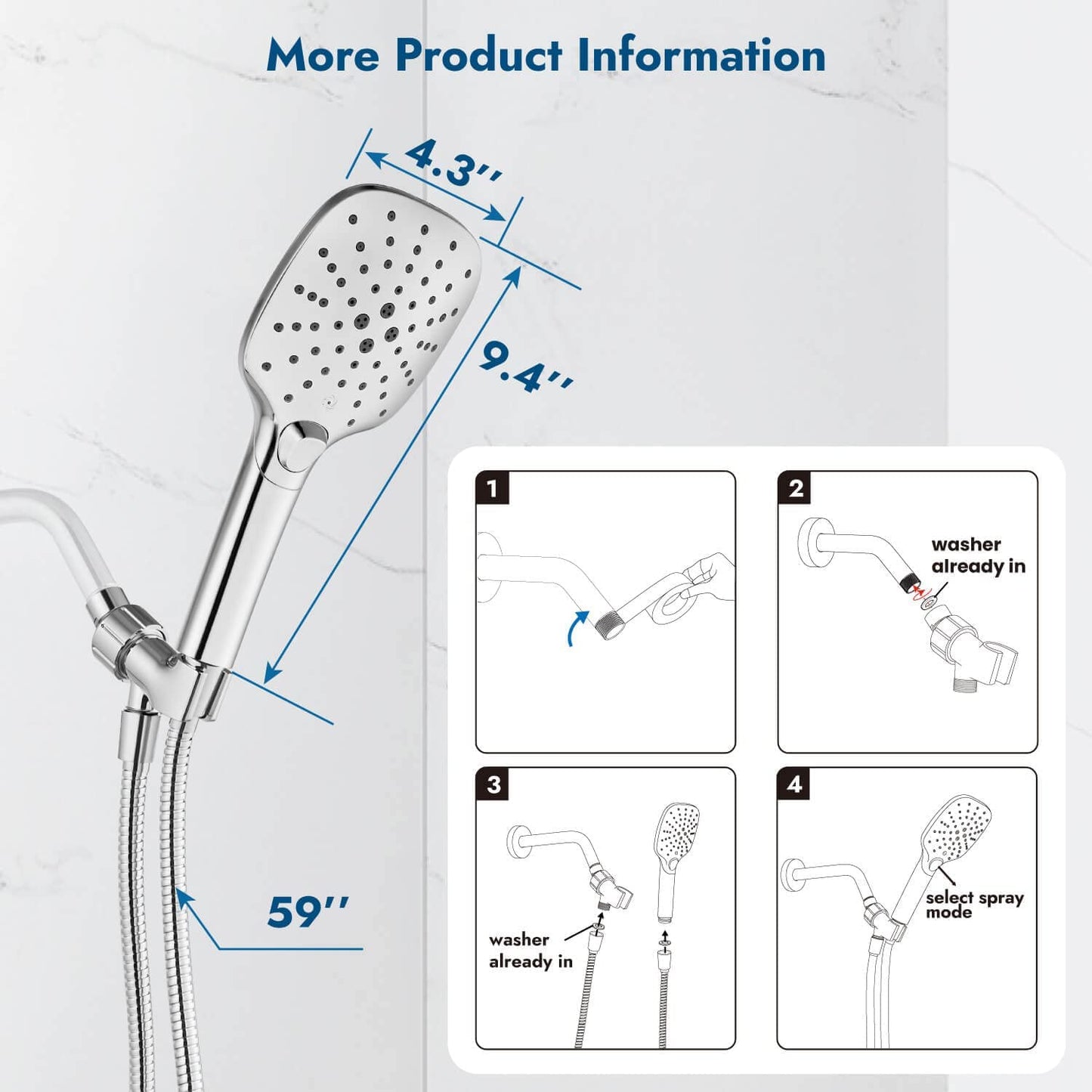 
                  
                    Cinwiny ABS Hand Held Shower Head, 3 Spray Functions Handheld Sprayer,High Pressure Wall Mounted with Adjustable Shower Bracket and 59” SUS304 Hose
                  
                