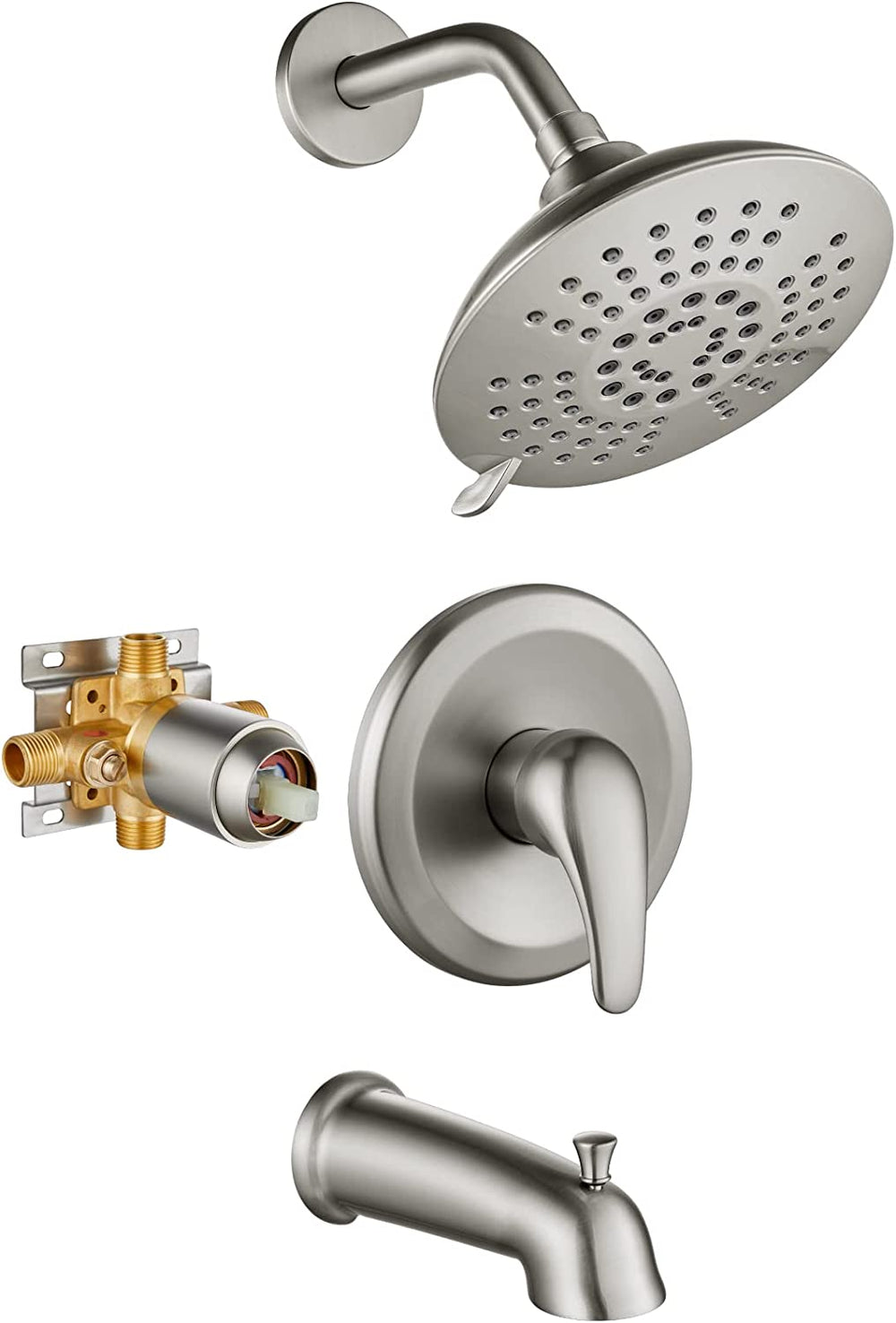 Cinwiny Shower System with Tub Spout Wall Mounted 5 Modes 6”Shower Head with Bathtub Filler Trim Kit with Pressure Balance Rough-in Valve 1 Handle 2 Function Bathroom Shower Faucet Set
