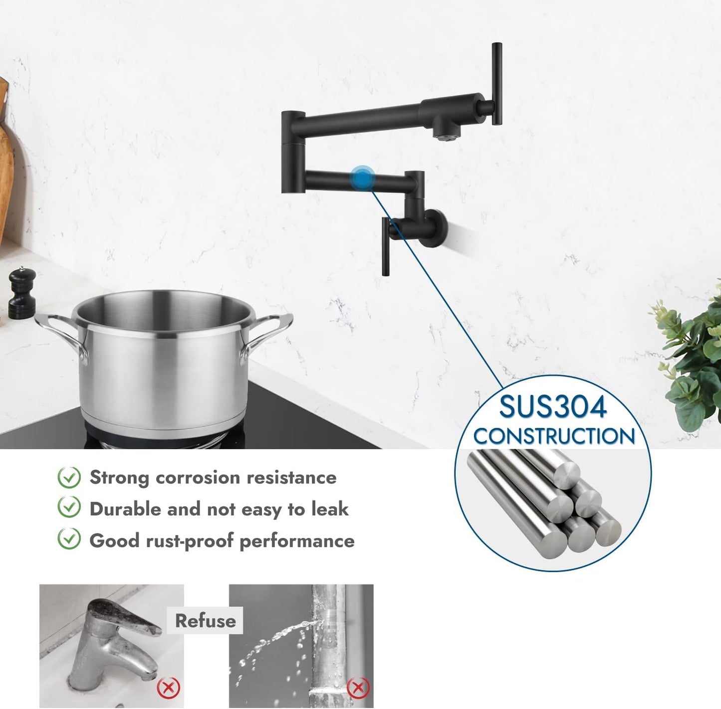 
                  
                    Cinwiny Pot Filler Wall Mounted Kitchen Sink Faucet Stainless Steel Single Hole Double Handle Stretchable Commercial Faucet with Folding Double Joint Swing Arm
                  
                