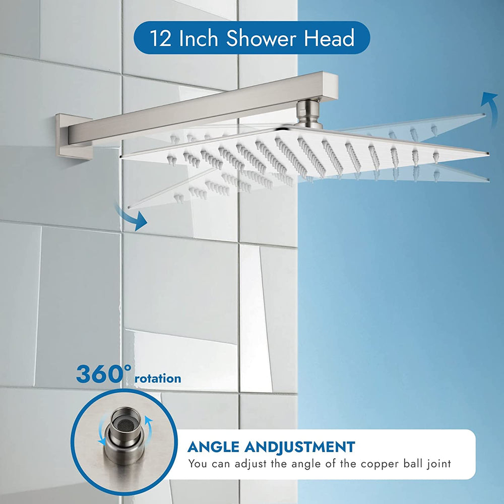 Cinwiny Bathroom Rain Shower Faucet Set Shower System with 12 Inch Square Rainfall Showerhead and Brass Male Thread Rough-in Valve,Wall Mounted Single Function Shower Trim Kit