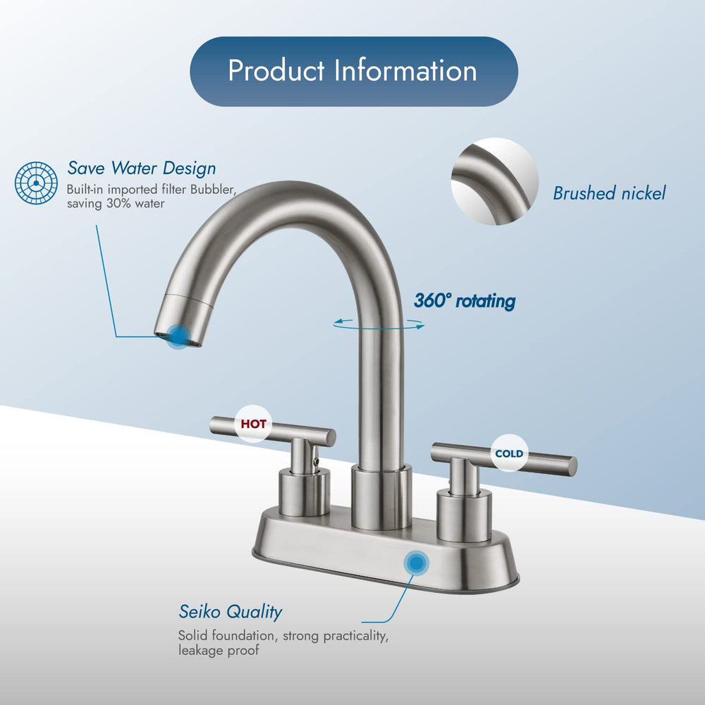 
                  
                    Cinwiny Centerset 4” Bathroom Faucet Lavatory Sink Mixer Tap 2 Hole Deck Mount Double Handle Swivel Spout 360° Basin Vanity Vessel Faucet
                  
                