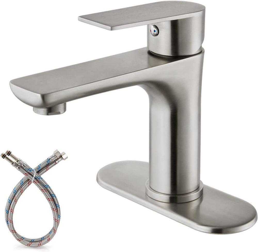 Cinwiny Deck Mount Bathroom Sink Faucet Single Hole Single Handle Lavatory Stainless Steel Mixer Tap with Deck Cover Plate