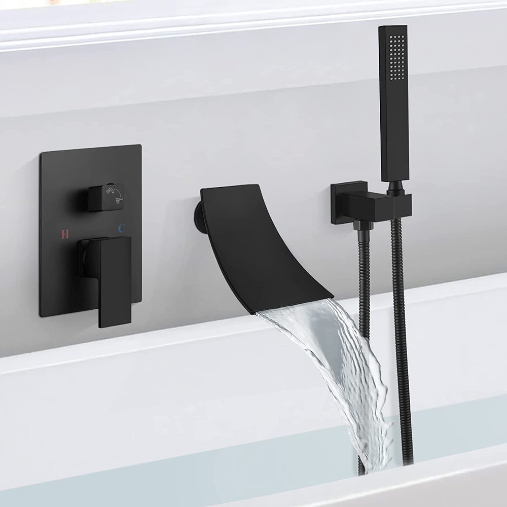 Cinwiny Waterfall Bathtub Faucet Wall Mounted with Hand-held Shower Tub Spout Bathroom Tub Filler One Handle Rough-in Valve