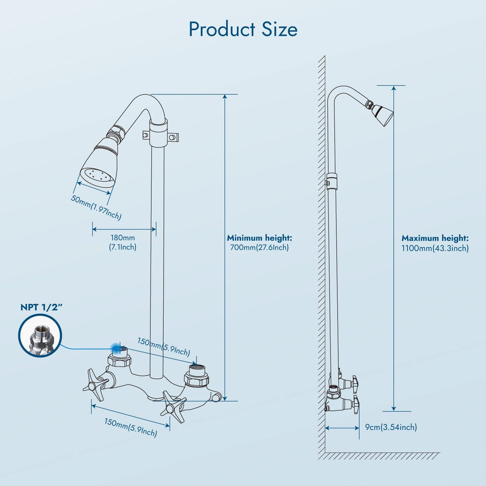 Cinwiny Outdoor Shower Fixtures Wall Mounted Exposed Shower Kit Adjustable slider Dual Cross Handles Brass Faucet Mixer Valve Adjustable Utility Shower Head Shower System