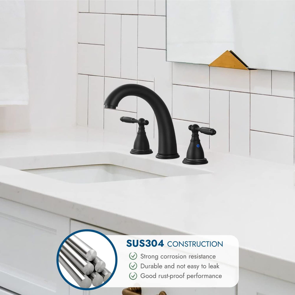 
                  
                    Cinwiny Widespread Bathroom Faucet Deck Mounted 8 Inch 3 Holes Brass Valve Sink Vanity SUS304 Faucet Double Handles Mixer Tap with Pop up Drain and Water Supply Hoses
                  
                