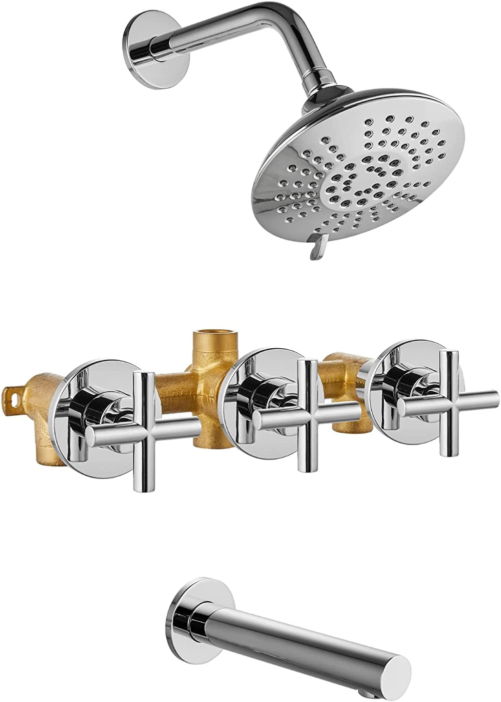 Cinwiny Bathroom Tub and Shower Faucet Set, Wall Mount Bathtub Shower Kit with Tub Spout 6” 5 Settings Round Shower Head Shower Trim Kit with Brass Mixer Valve