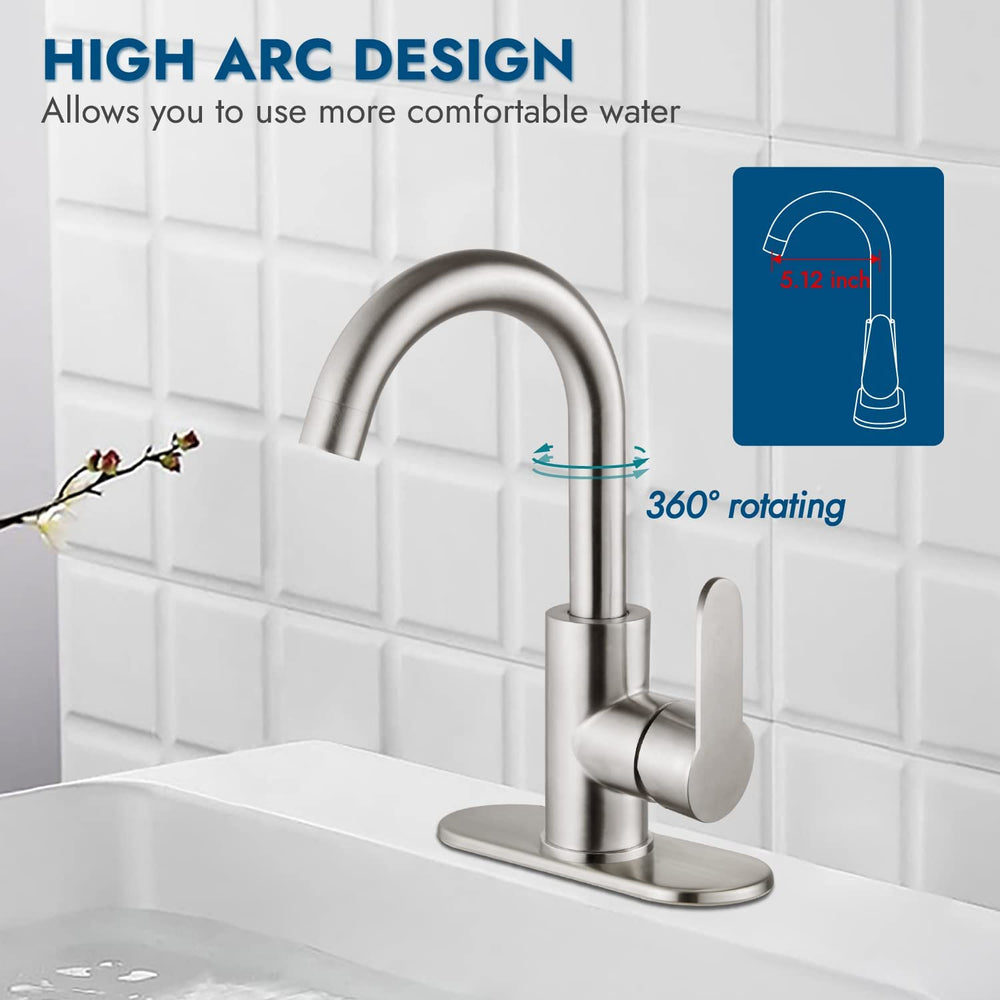 Cinwiny Bar Sink Faucet Bathroom Single Faucet 1 Hole Small RV Campers Faucet Tap Deck Mount Gooseneck SUS304 Kitchen Vanity Faucet with Deck Plate and Pop-up Drain