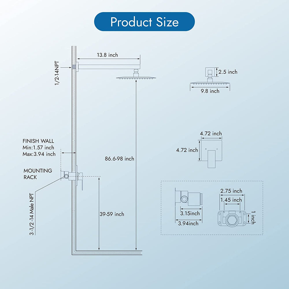 Cinwiny 10 Inch Wall Mount Shower Faucet Set with Brass Male Threads Rough-in Valve,Square Rainfall Showerhead Shower System One Handle High Pressure Single Function Shower Trim Kit