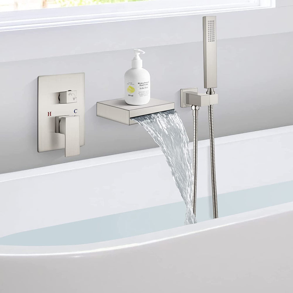 Cinwiny Wall Mount Waterfall Tub Filler Spout with Handheld Shower Single Handle Bathtub Shower Faucet Set Rough in Valve Brass