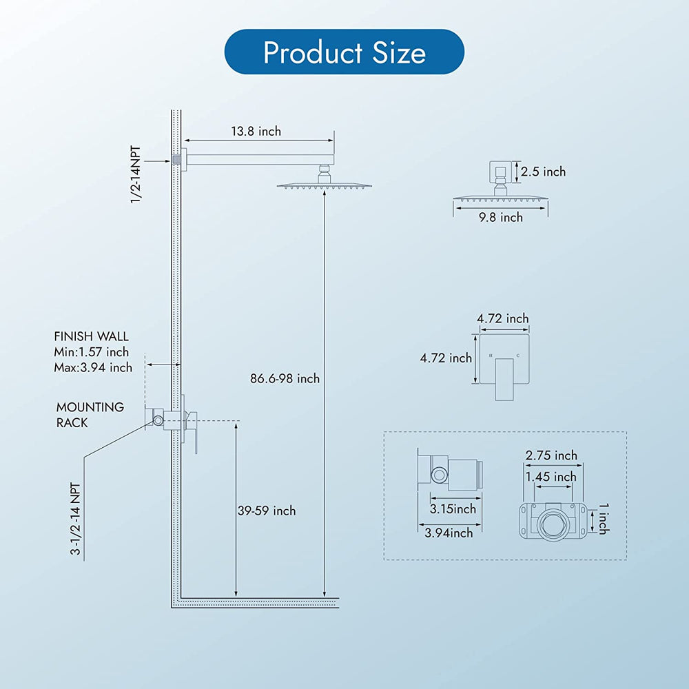 Cinwiny 10 Inch Wall Mounted Rain Shower System Square Shower head Bathroom Shower Head Kit One Function with Rough-in Valve Single Handle Rainfall Shower Trim Kit