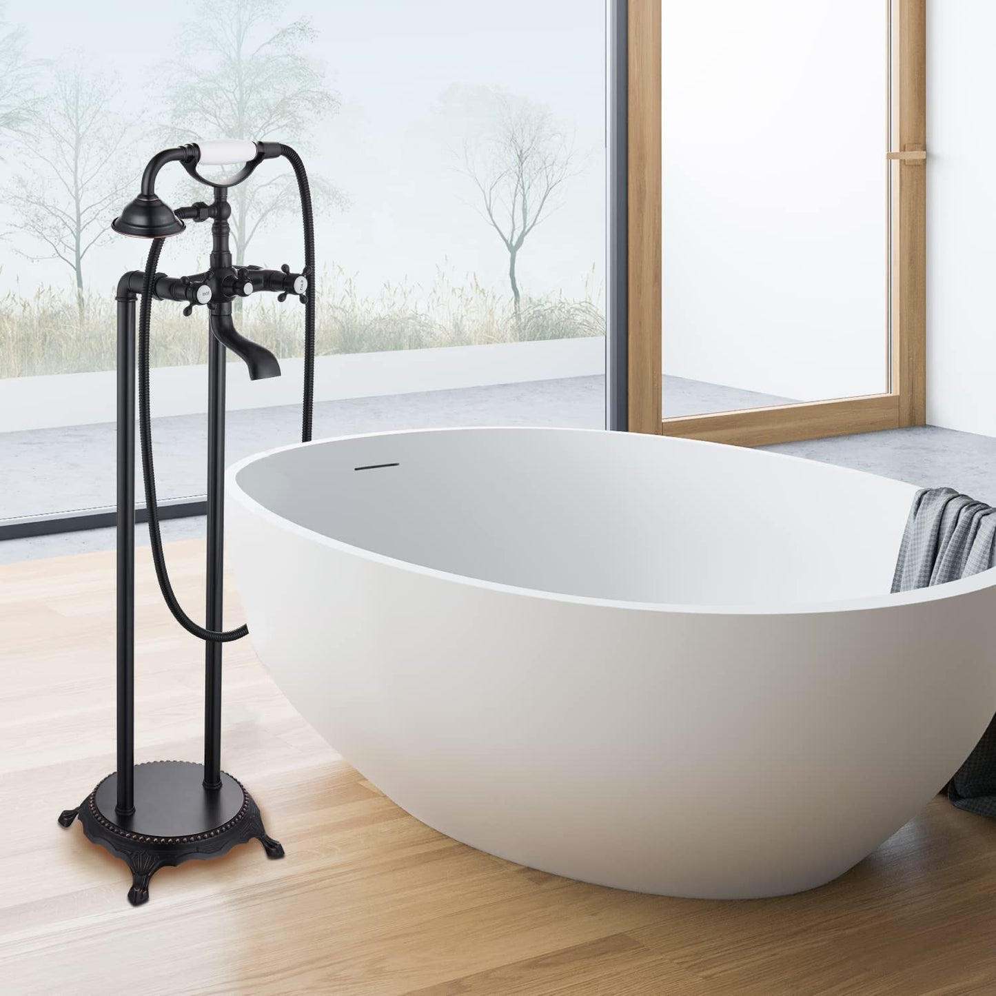 
                  
                    Floor Mounted Bathtub Freestanding Faucet Tub Filler With Handheld Shower Spray Double Cross Knobs Telephone Shape High Flow Bathroom Mixing Tap
                  
                