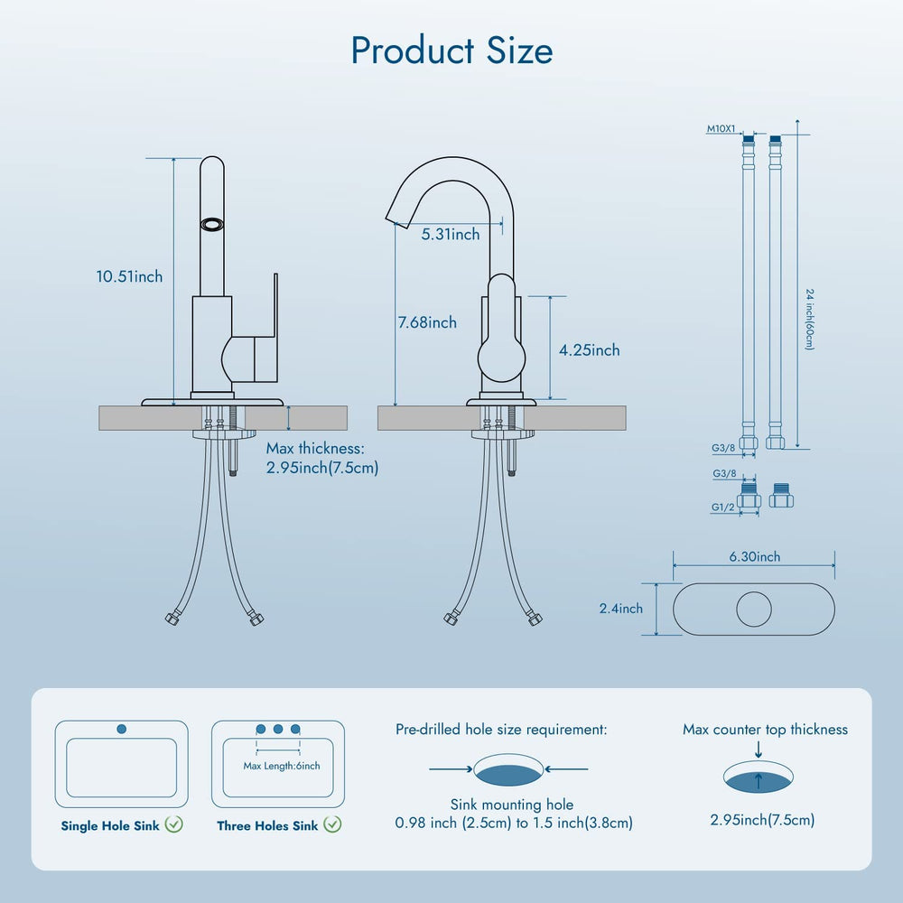 Cinwiny Bar Sink Faucet Bathroom Single Faucet 1 Hole Small RV Campers Faucet Tap Deck Mount Gooseneck SUS304 Kitchen Vanity Faucet with Deck Plate and Pop-up Drain