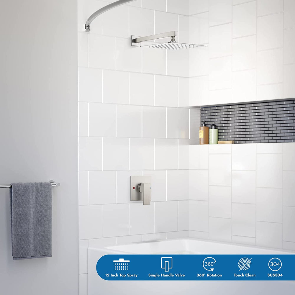 Cinwiny Bathroom Rain Shower Faucet Set Shower System with 12 Inch Square Rainfall Showerhead and Brass Male Thread Rough-in Valve,Wall Mounted Single Function Shower Trim Kit