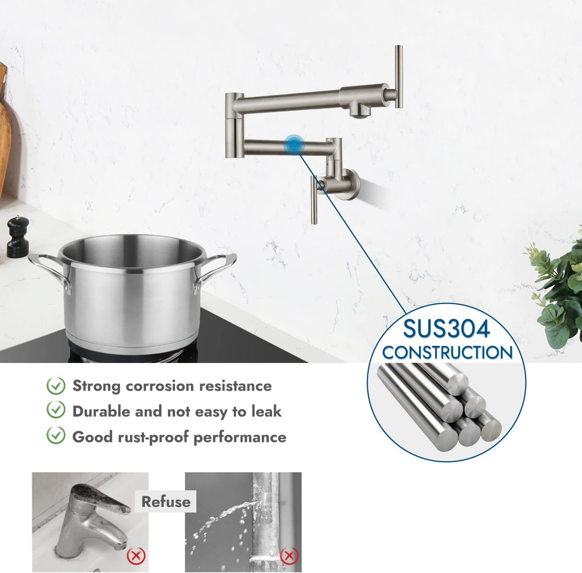 Cinwiny Pot Filler Wall Mounted Kitchen Sink Faucet Stainless Steel Si