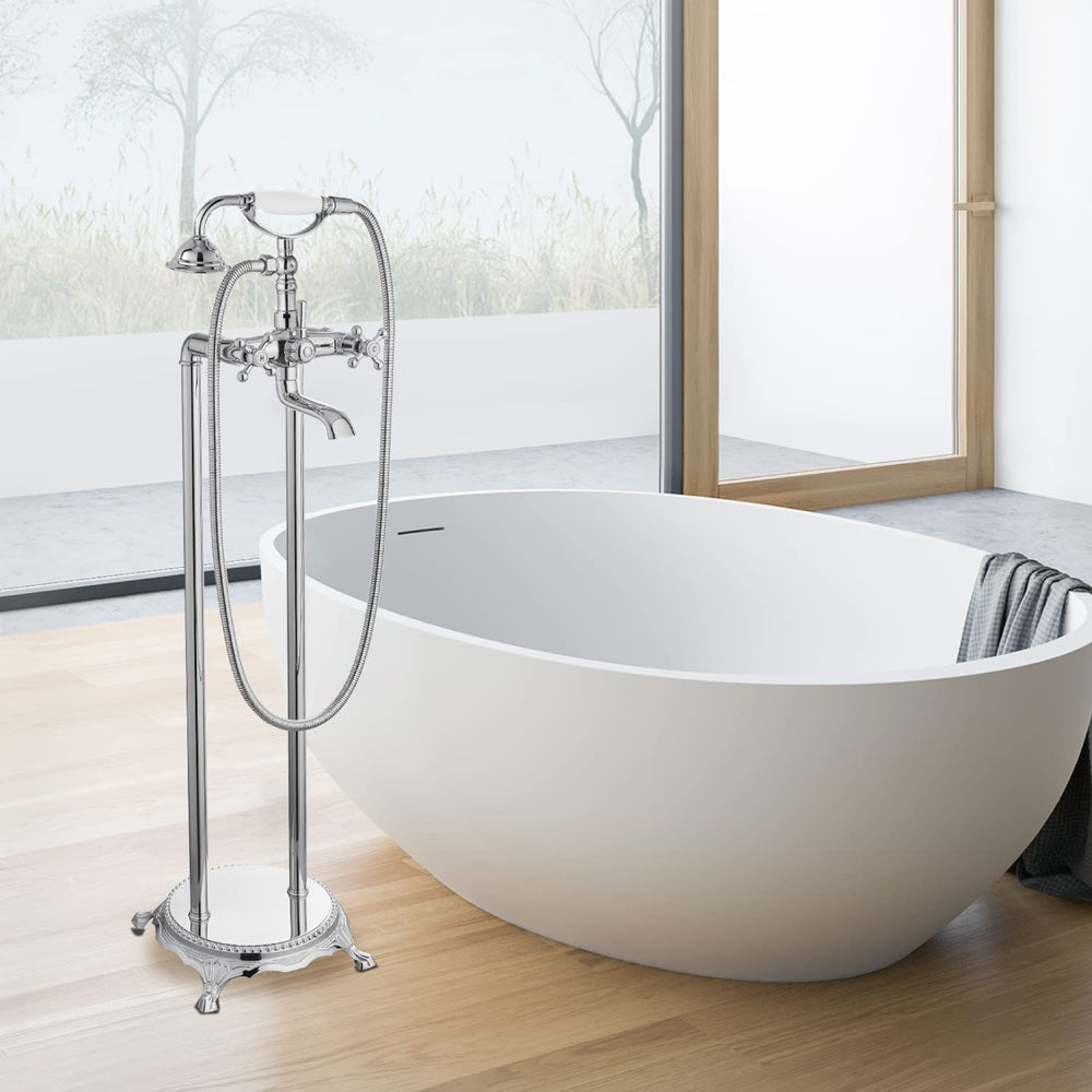 
                  
                    Floor Mounted Bathtub Freestanding Faucet Tub Filler With Handheld Shower Spray Double Cross Knobs Telephone Shape High Flow Bathroom Mixing Tap
                  
                