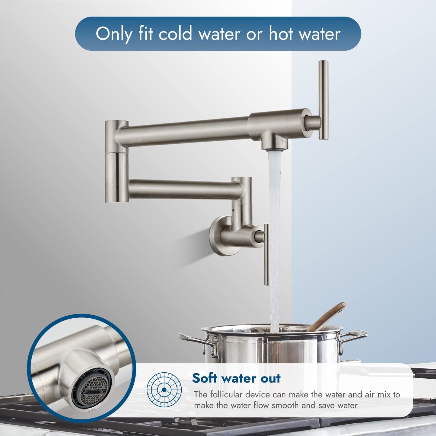 
                  
                    Cinwiny Pot Filler Wall Mounted Kitchen Sink Faucet Stainless Steel Single Hole Double Handle Stretchable Commercial Faucet with Folding Double Joint Swing Arm
                  
                