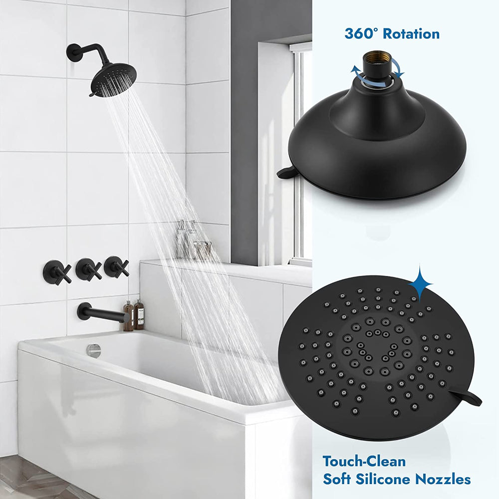 Cinwiny Bathroom Tub and Shower Faucet Set, Wall Mount Bathtub Shower Kit with Tub Spout 6” 5 Settings Round Shower Head Shower Trim Kit with Brass Mixer Valve