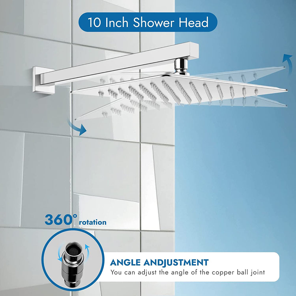 Cinwiny 10 Inch Wall Mount Shower Faucet Set with Brass Male Threads Rough-in Valve,Square Rainfall Showerhead Shower System One Handle High Pressure Single Function Shower Trim Kit
