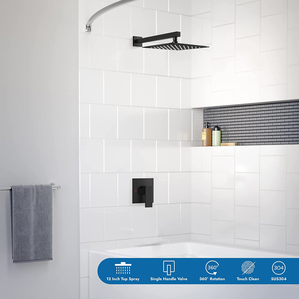 Cinwiny Bathroom Rain Shower Faucet Set Shower System with 12 Inch Square Rainfall Showerhead and Brass Male Thread Rough-in Valve,Wall Mounted Single Function Shower Trim Kit