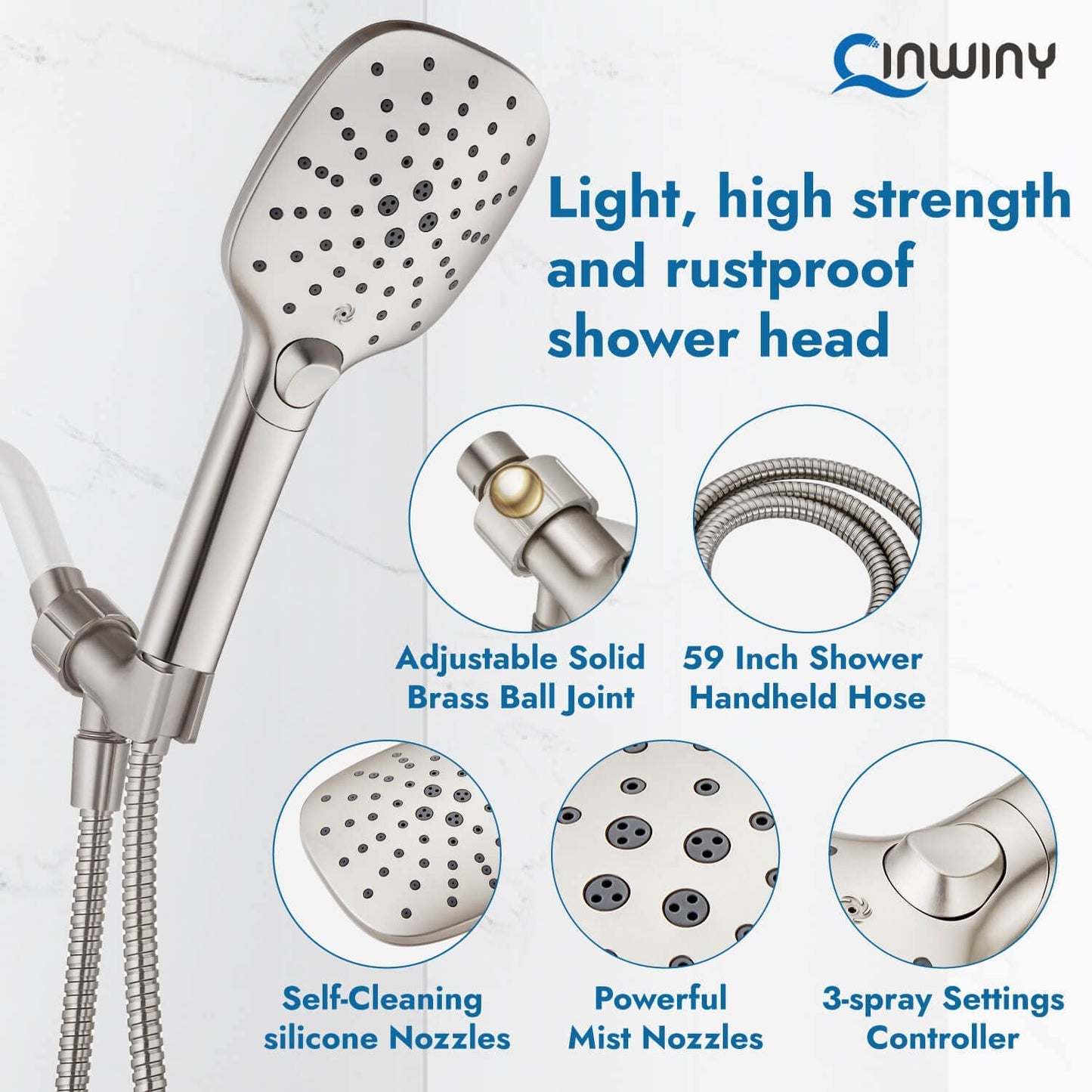 
                  
                    Cinwiny ABS Hand Held Shower Head, 3 Spray Functions Handheld Sprayer,High Pressure Wall Mounted with Adjustable Shower Bracket and 59” SUS304 Hose
                  
                