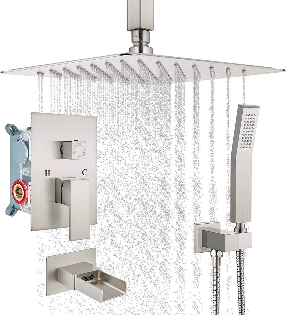 Cinwiny 10 Inch Ceiling Mount Bathroom Shower System Rainfall Shower Head with Handheld Spray Waterfall Tub Spout Combo Set Rough-in Valve 3 Function Mixer Shower Faucet Luxury