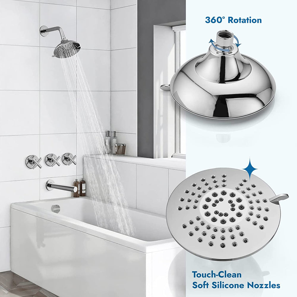 Cinwiny Bathroom Tub and Shower Faucet Set, Wall Mount Bathtub Shower Kit with Tub Spout 6” 5 Settings Round Shower Head Shower Trim Kit with Brass Mixer Valve