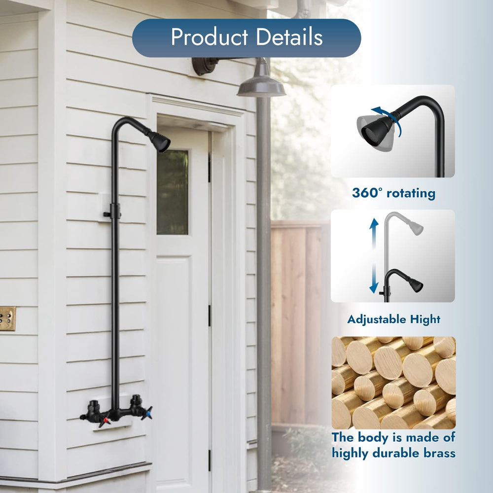 Cinwiny Outdoor Shower Fixtures Wall Mounted Exposed Shower Kit Adjustable slider Dual Cross Handles Brass Faucet Mixer Valve Adjustable Utility Shower Head Shower System