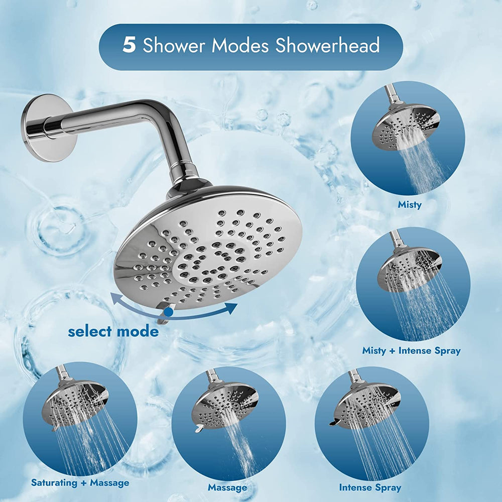 Cinwiny Bathroom Tub and Shower Faucet Set, Wall Mount Bathtub Shower Kit with Tub Spout 6” 5 Settings Round Shower Head Shower Trim Kit with Brass Mixer Valve