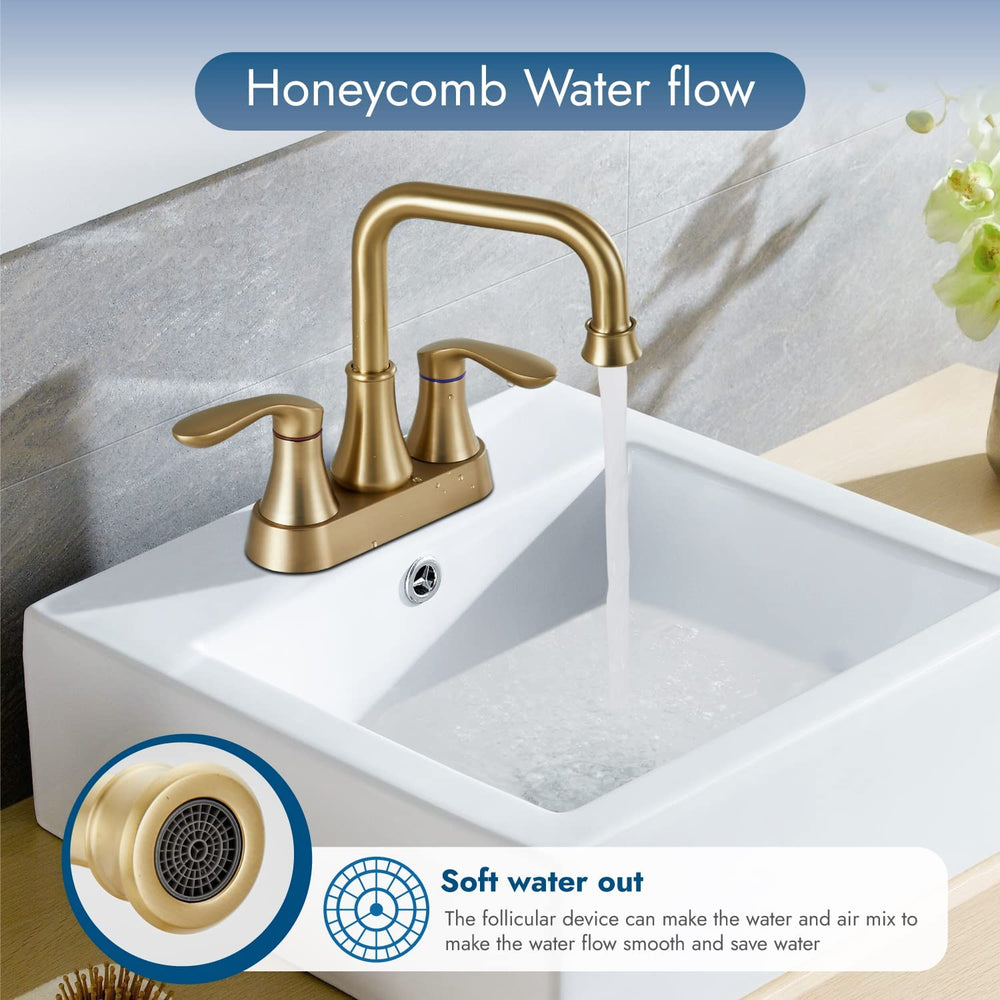 
                  
                    Cinwiny Brushed Gold Centerset 4 Inch Bathroom Sink Faucet NSF&cUPC Standard Double Handle Swivel Spout Lavatory Deck Mount Mixer Tap Two Hole with Pop-up Drain Water Supply Hoses
                  
                