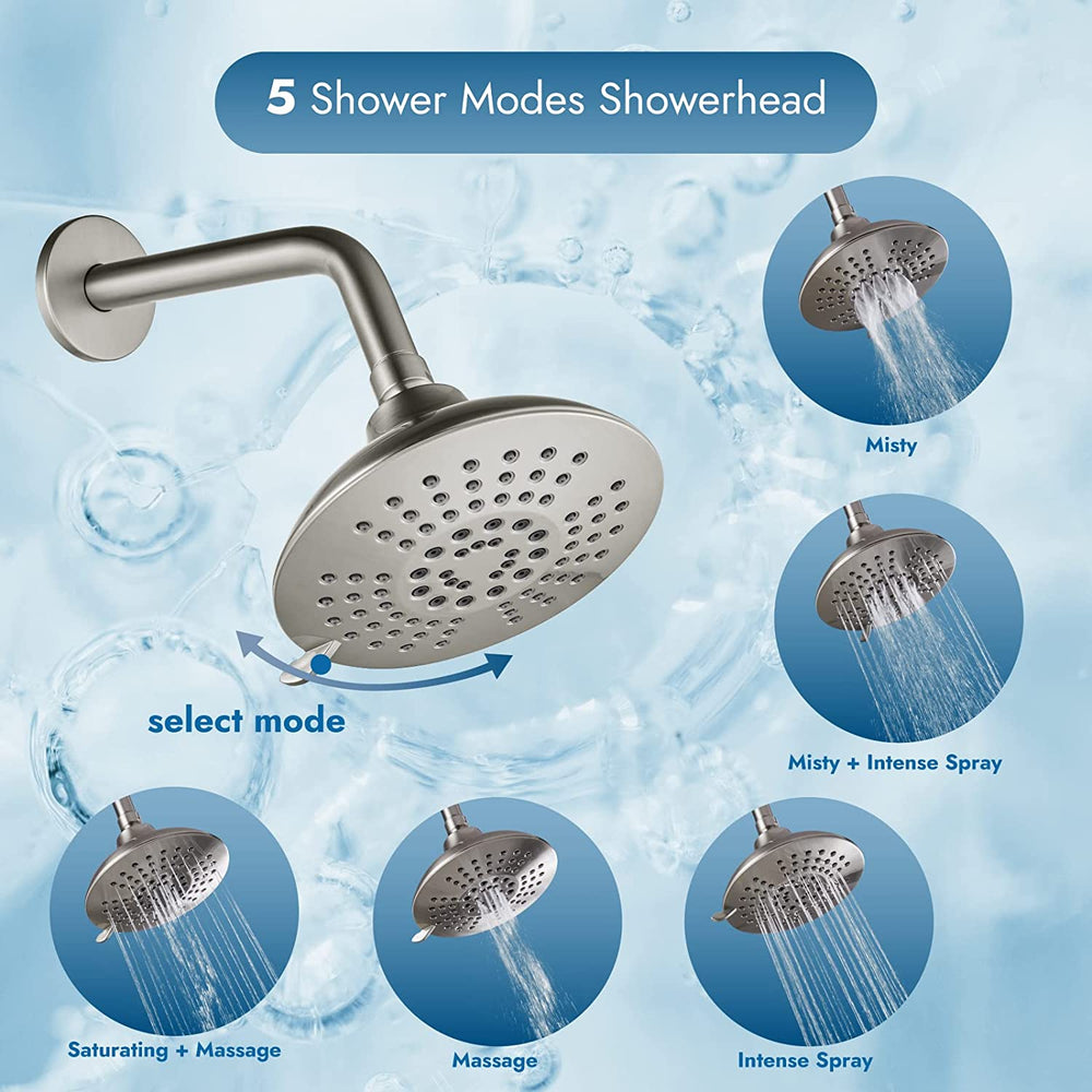 Cinwiny Bathroom Tub and Shower Faucet Set, Wall Mount Bathtub Shower Kit with Tub Spout 6” 5 Settings Round Shower Head Shower Trim Kit with Brass Mixer Valve