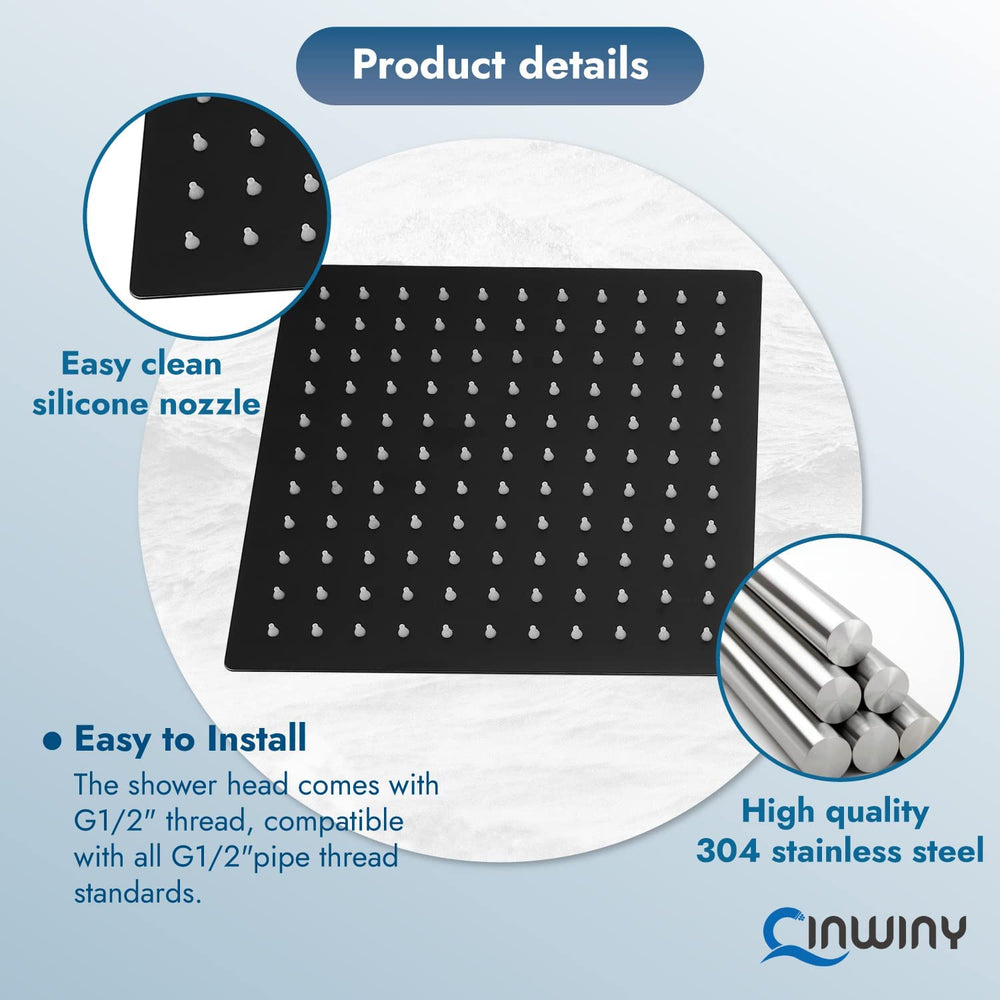 
                  
                    Cinwiny 12 Inch Shower Head Rainfall Luxury Square SUS304 Rain Showerhead High Pressure 1/16" Ultra-thin Adjustable Angles Waterfall Full Body Coverage with Silicone Nozzle
                  
                