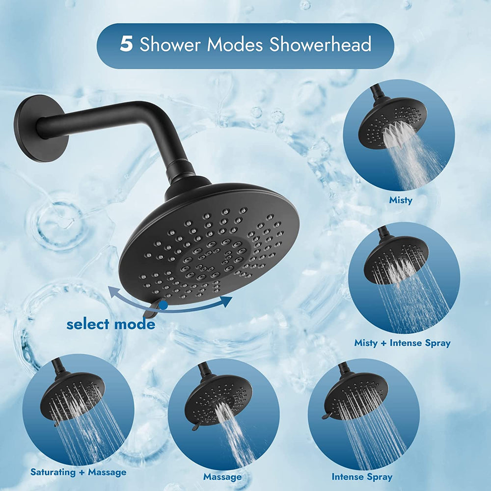 Cinwiny Bathroom Tub and Shower Faucet Set, Wall Mount Bathtub Shower Kit with Tub Spout 6” 5 Settings Round Shower Head Shower Trim Kit with Brass Mixer Valve