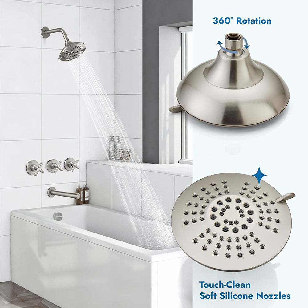 Cinwiny Bathroom Tub and Shower Faucet Set, Wall Mount Bathtub Shower Kit with Tub Spout 6” 5 Settings Round Shower Head Shower Trim Kit with Brass Mixer Valve