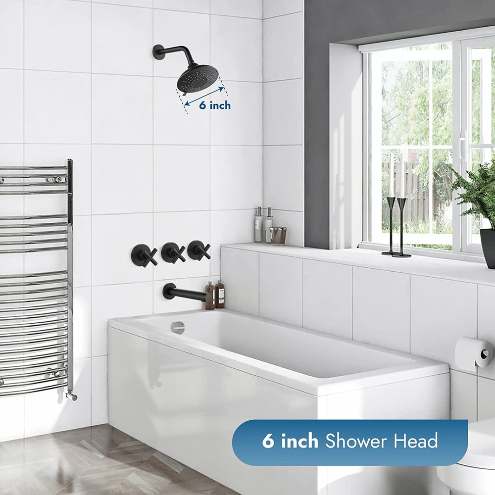 Cinwiny Bathroom Tub and Shower Faucet Set, Wall Mount Bathtub Shower Kit with Tub Spout 6” 5 Settings Round Shower Head Shower Trim Kit with Brass Mixer Valve