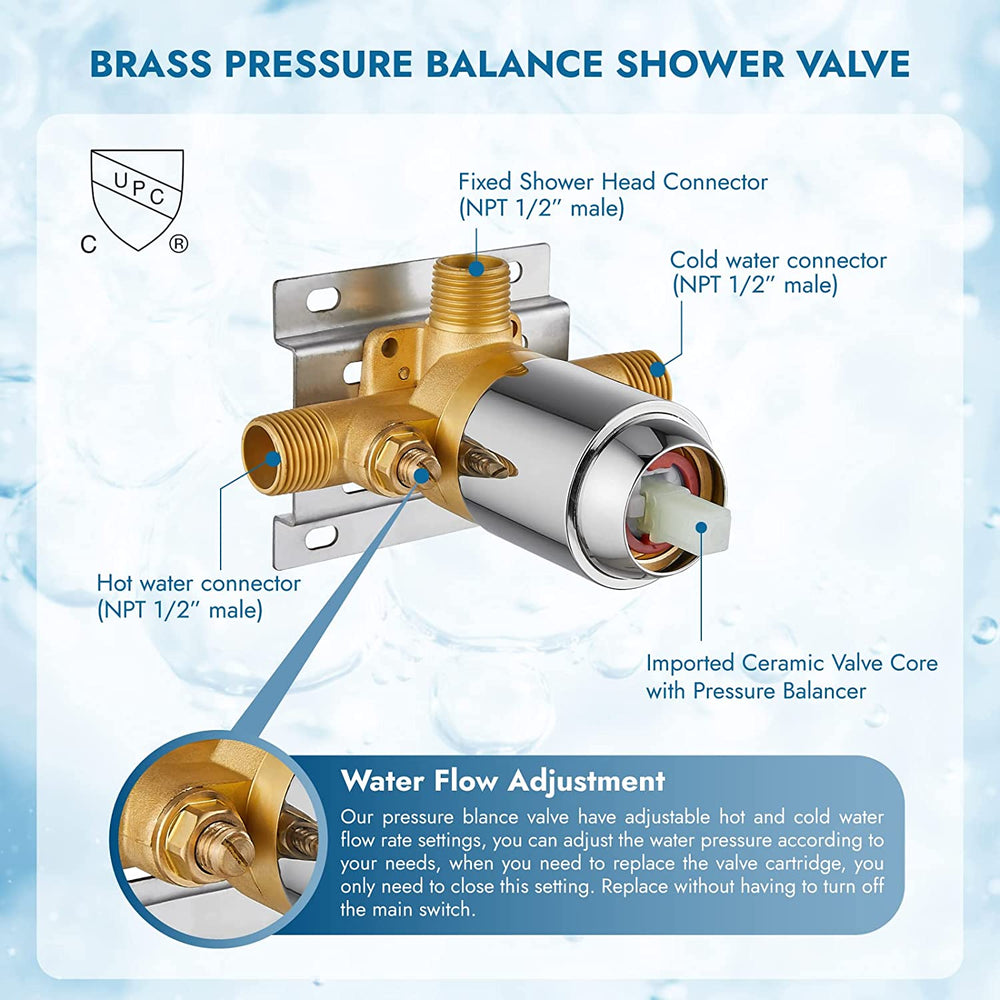 Cinwiny Single Function Shower Handle Valve Trim Kit with Cartridge Pressure Balancing Shower Valves Wall Mount Brass Rough-In Valve Single Handle Shower Valve Mixer